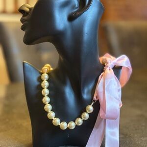 Elegant Pearl Necklace with Pink Ribbon